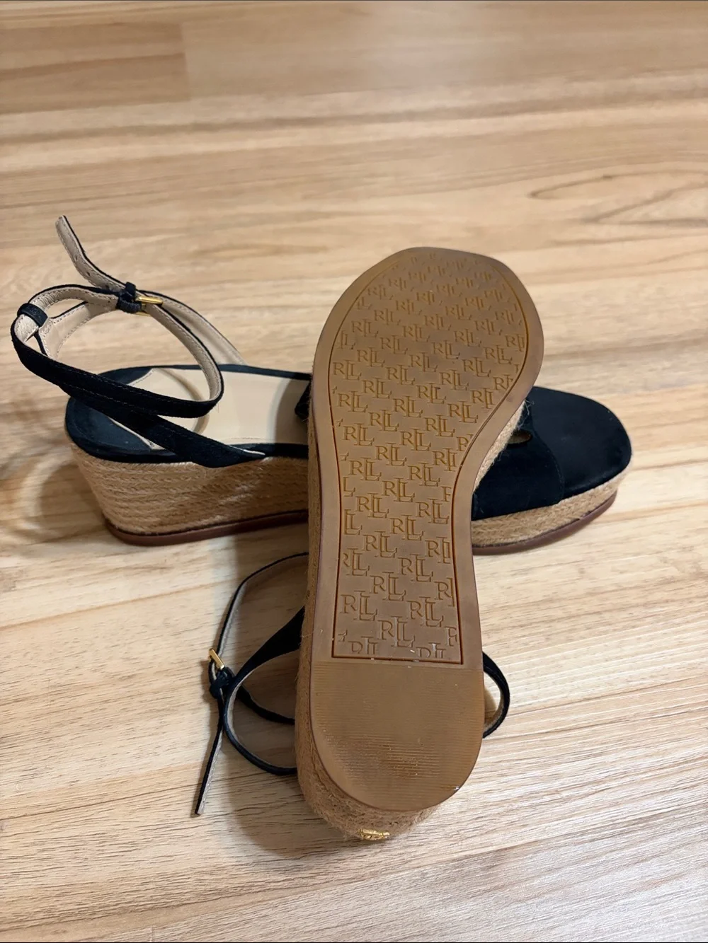 Lauren Ralph Lauren Leona Black Leather Espadrille Wedge Sandals Size 9